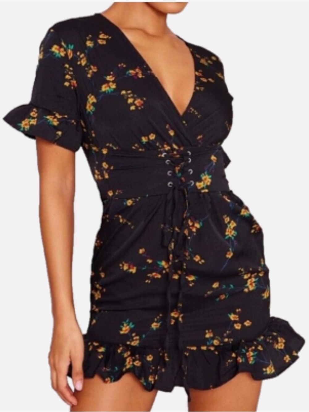 PrettyLittleThing Black Floral Lace-Up Wrap Mini Dress